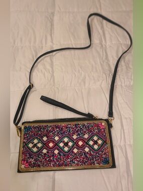 Beaded Crossbody Clutch Bag - Black with Multicolor Beadwork